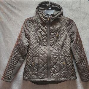 Sebby Hooded Womens Quilted Water Resistant Jacket, Olive, Sz Med, Pocets